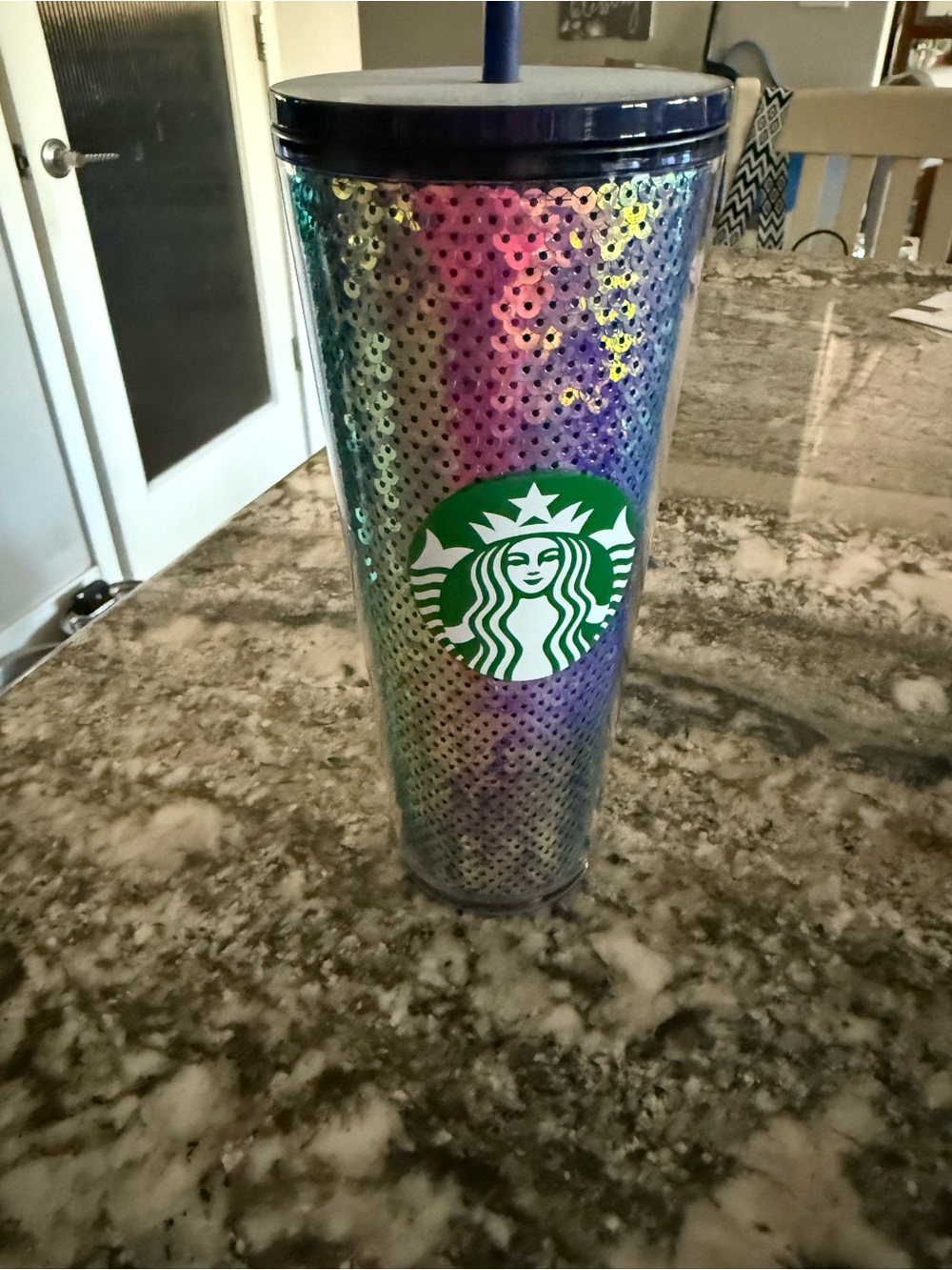 Starbucks Iridescent Sequin Tumbler, Navy color lid with Green Logo on front